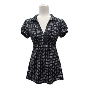 Y2K Speekless Black White Geometric Babydoll Top Puff Sleeve Retro 2000s, L